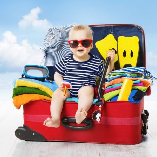 Camping Du Pouldu : Baby In Travel Suitcase. Kid Inside Luggage Packed For Vacation